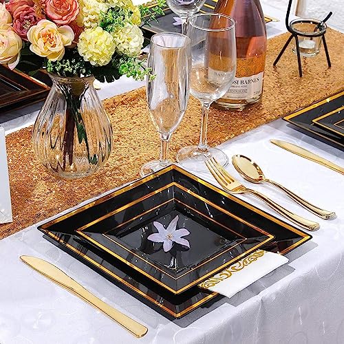 Square Dishes Dinner and Dessert Plates Cups Cutlery for 25, 175 Pieces of Plastic Dinnerware for Dinners, Birthdays, Wedding Anniversary, Summer Celebrations, Halloween, Christmas (Black and Gold)