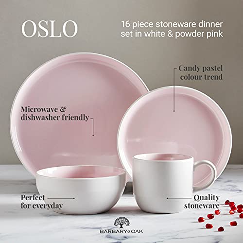 Barbary & Oak BO867004PNK Oslo 16 Piece Dinnerware Set, Stoneware, White and Pink Lemonade