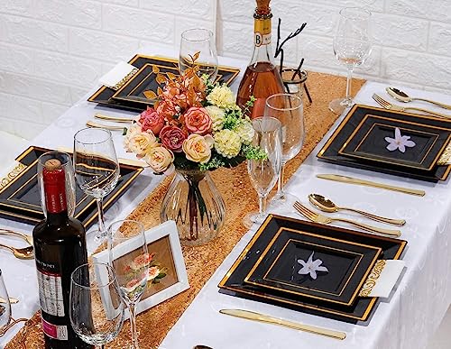 Square Dishes Dinner and Dessert Plates Cups Cutlery for 25, 175 Pieces of Plastic Dinnerware for Dinners, Birthdays, Wedding Anniversary, Summer Celebrations, Halloween, Christmas (Black and Gold)
