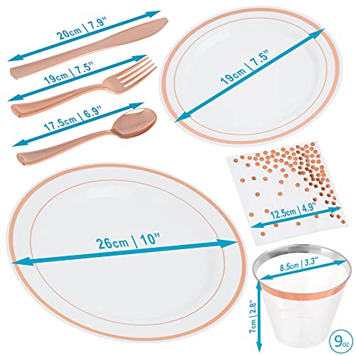 STACKABLES ~ 175 Pcs Dinner Party Set Multi-Use Hard Plastic Elegant Dinnerware Set for 25 Guests White with Rose Gold Rim