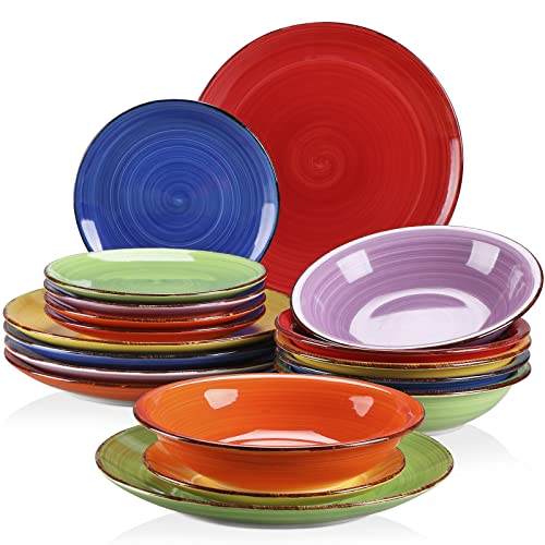 vancasso Bonita Muticolour Dinner Set- 18 Pieces Stoneware Dinnerware Set for 6, Handpainted Spirals Pattern Ceramic Combination Set with 10.5in Dinner Plate, 7.5in Dessert Plate and 800ml Soup Bowl