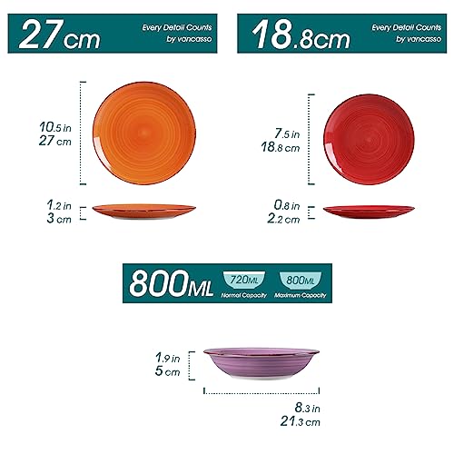 vancasso Bonita Muticolour Dinner Set- 18 Pieces Stoneware Dinnerware Set for 6, Handpainted Spirals Pattern Ceramic Combination Set with 10.5in Dinner Plate, 7.5in Dessert Plate and 800ml Soup Bowl