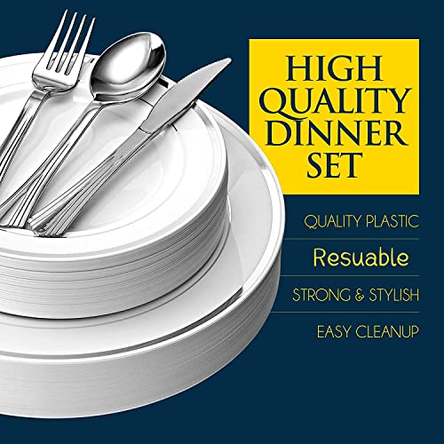 LATERN 150Pcs Multi-Use Silver Plastic Dinnerware Set, 25Pcs Reusable Dinner Plates, 25Pcs Salad Plates, 25Pcs Knives, 25Pcs Mini Forks, 25Pcs Spoons, 25Pcs Cups for Wedding Anniversary Garden Party