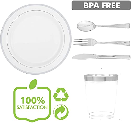 LATERN 150Pcs Multi-Use Silver Plastic Dinnerware Set, 25Pcs Reusable Dinner Plates, 25Pcs Salad Plates, 25Pcs Knives, 25Pcs Mini Forks, 25Pcs Spoons, 25Pcs Cups for Wedding Anniversary Garden Party