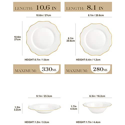 MALACASA Dinner Sets for 4, 16 Piece Bone China Plates and Bowls Sets with Golden Rim, Round White Crockery Set with Dinner Plate, Dessert Plate, Soup Plate and Cereal Bowl, Series Lotus