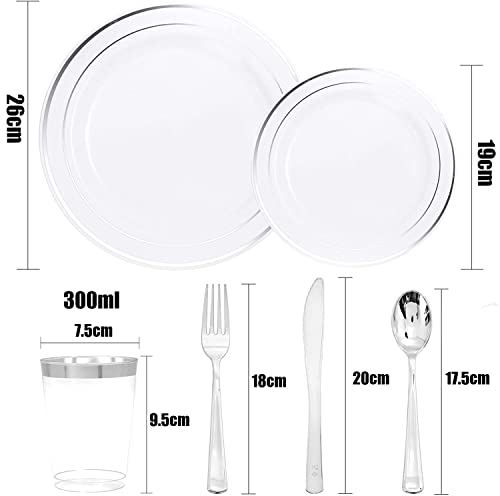 LATERN 150Pcs Multi-Use Silver Plastic Dinnerware Set, 25Pcs Reusable Dinner Plates, 25Pcs Salad Plates, 25Pcs Knives, 25Pcs Mini Forks, 25Pcs Spoons, 25Pcs Cups for Wedding Anniversary Garden Party