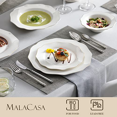 MALACASA Dinner Sets for 4, 16 Piece Bone China Plates and Bowls Sets with Golden Rim, Round White Crockery Set with Dinner Plate, Dessert Plate, Soup Plate and Cereal Bowl, Series Lotus