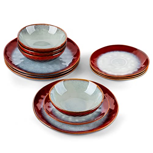 vancasso Starry Red Dinner Sets, Reactive Glaze Plates and Bowls Set, 12-Piece Crockery Set with 11in Dinner Plate, 8in Dessert Plate and 750ml Bowl, Service for 4