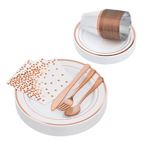 STACKABLES ~ 175 Pcs Dinner Party Set Multi-Use Hard Plastic Elegant Dinnerware Set for 25 Guests White with Rose Gold Rim