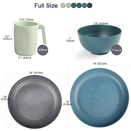 Greentainer Unbreakable Plastic Dinnerware Set, Lightweight Tableware with 4 Dinning Plates, 4 Dessert Plates, 4 Bowls, 4 Cups Kids & Adults, Service for 4, Dishwasher&Microwave Safe,16 Pcs