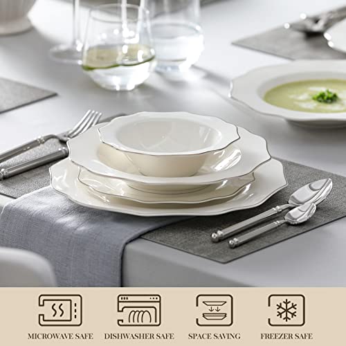 MALACASA Dinner Sets for 4, 16 Piece Bone China Plates and Bowls Sets with Golden Rim, Round White Crockery Set with Dinner Plate, Dessert Plate, Soup Plate and Cereal Bowl, Series Lotus
