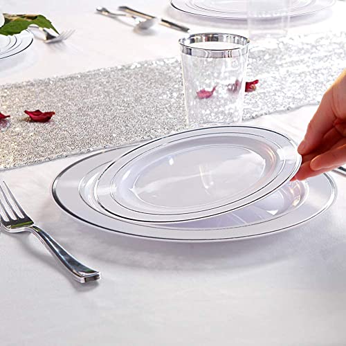 LATERN 150Pcs Multi-Use Silver Plastic Dinnerware Set, 25Pcs Reusable Dinner Plates, 25Pcs Salad Plates, 25Pcs Knives, 25Pcs Mini Forks, 25Pcs Spoons, 25Pcs Cups for Wedding Anniversary Garden Party