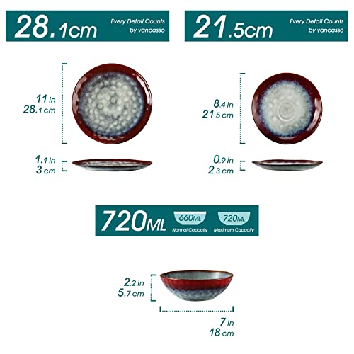 vancasso Starry Red Dinner Sets, Reactive Glaze Plates and Bowls Set, 12-Piece Crockery Set with 11in Dinner Plate, 8in Dessert Plate and 750ml Bowl, Service for 4
