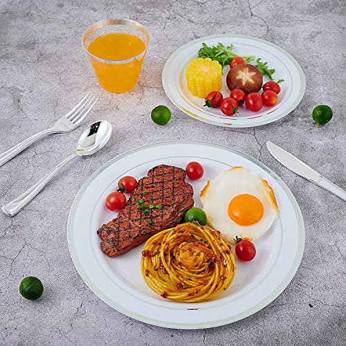 LATERN 150Pcs Multi-Use Silver Plastic Dinnerware Set, 25Pcs Reusable Dinner Plates, 25Pcs Salad Plates, 25Pcs Knives, 25Pcs Mini Forks, 25Pcs Spoons, 25Pcs Cups for Wedding Anniversary Garden Party