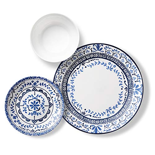Corelle 18-piece Dinner Set, Portofino, Blue and White for 6, Chip Resistant Dinnerware, includes 26cm dinner plates, 17cm salad / side plates and 530ml soup / cereal bowls