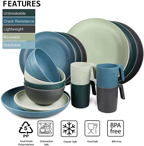 Greentainer Unbreakable Plastic Dinnerware Set, Lightweight Tableware with 4 Dinning Plates, 4 Dessert Plates, 4 Bowls, 4 Cups Kids & Adults, Service for 4, Dishwasher&Microwave Safe,16 Pcs