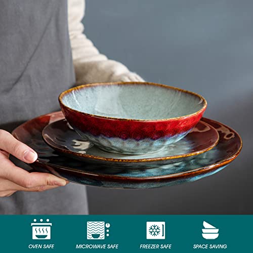 vancasso Starry Red Dinner Sets, Reactive Glaze Plates and Bowls Set, 12-Piece Crockery Set with 11in Dinner Plate, 8in Dessert Plate and 750ml Bowl, Service for 4