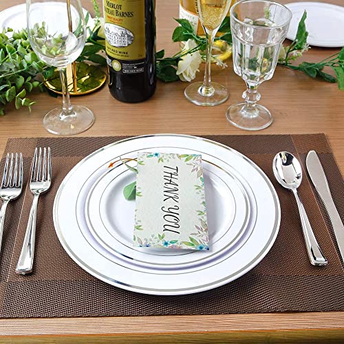 LATERN 150Pcs Multi-Use Silver Plastic Dinnerware Set, 25Pcs Reusable Dinner Plates, 25Pcs Salad Plates, 25Pcs Knives, 25Pcs Mini Forks, 25Pcs Spoons, 25Pcs Cups for Wedding Anniversary Garden Party