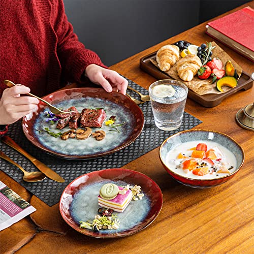 vancasso Starry Red Dinner Sets, Reactive Glaze Plates and Bowls Set, 12-Piece Crockery Set with 11in Dinner Plate, 8in Dessert Plate and 750ml Bowl, Service for 4