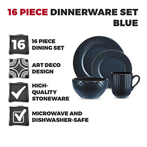 Tower T867002MNB Empire 16 Piece Dinnerware Set, Stoneware, Midnight Blue and Brass