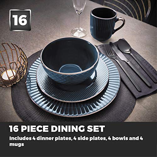 Tower T867002MNB Empire 16 Piece Dinnerware Set, Stoneware, Midnight Blue and Brass