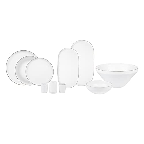 Karaca Streamline Saturn 59 Pieces Dinnerware Set for 12 People,New Bone,Dinner Plates,Pasta Bowls,Salad/Cereal/Soup Bowls,Side Plates,Serving Platters,Porcelain,Crockery Set, White Platinum