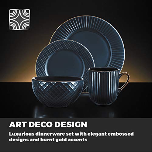 Tower T867002MNB Empire 16 Piece Dinnerware Set, Stoneware, Midnight Blue and Brass
