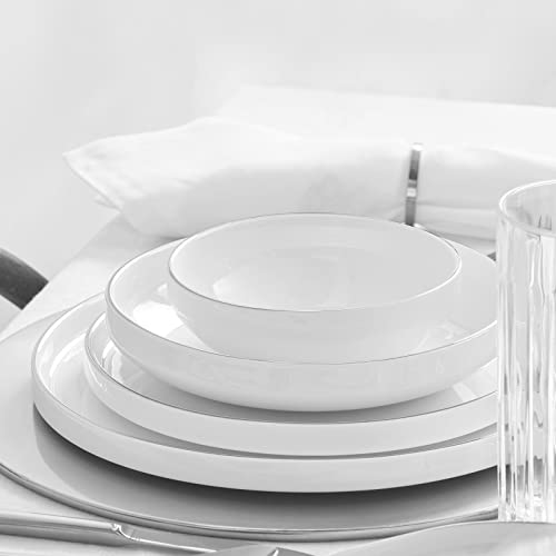 Karaca Streamline Saturn 59 Pieces Dinnerware Set for 12 People,New Bone,Dinner Plates,Pasta Bowls,Salad/Cereal/Soup Bowls,Side Plates,Serving Platters,Porcelain,Crockery Set, White Platinum