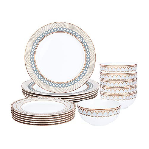 fanquare 18-Piece Stripes Gold Rimmed Dinner Sets,Porcelain Tableware Set,Service for 6,White Dinnerware Sets with Kitchen Plates,Cereal Bowls