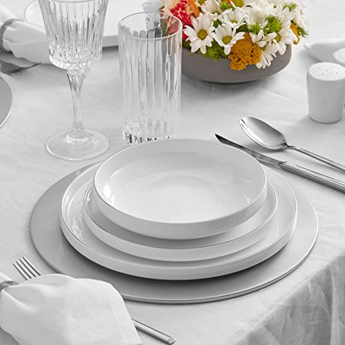 Karaca Streamline Saturn 59 Pieces Dinnerware Set for 12 People,New Bone,Dinner Plates,Pasta Bowls,Salad/Cereal/Soup Bowls,Side Plates,Serving Platters,Porcelain,Crockery Set, White Platinum