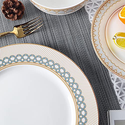 fanquare 18-Piece Stripes Gold Rimmed Dinner Sets,Porcelain Tableware Set,Service for 6,White Dinnerware Sets with Kitchen Plates,Cereal Bowls