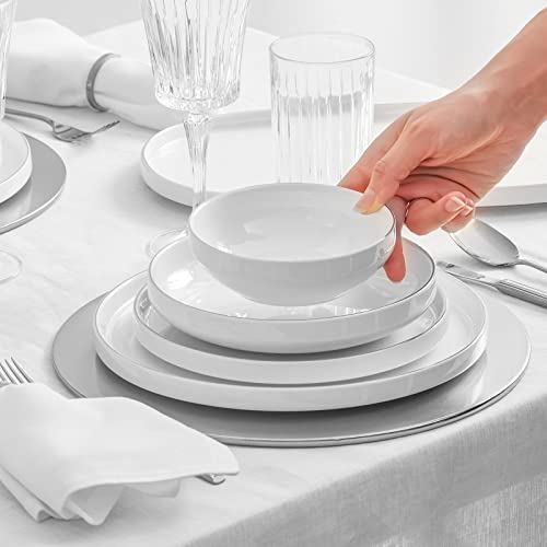 Karaca Streamline Saturn 59 Pieces Dinnerware Set for 12 People,New Bone,Dinner Plates,Pasta Bowls,Salad/Cereal/Soup Bowls,Side Plates,Serving Platters,Porcelain,Crockery Set, White Platinum