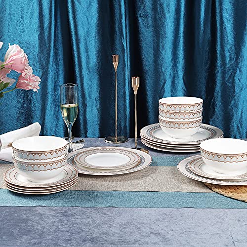 fanquare 18-Piece Stripes Gold Rimmed Dinner Sets,Porcelain Tableware Set,Service for 6,White Dinnerware Sets with Kitchen Plates,Cereal Bowls