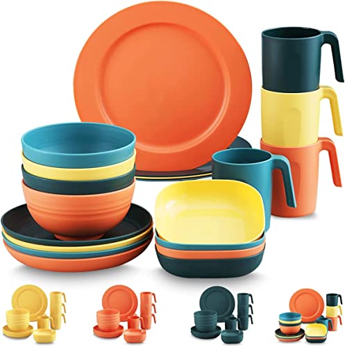 Kyraton Plastic Dinnerware Sets of 20 Pieces, Unbreakable and Reusable Light Weight Plates Mugs Bowls Dishes Easy to Carry and Clean Microwave Safe BPA Free Service for 4 Dishwasher Safe(Mutil Color)