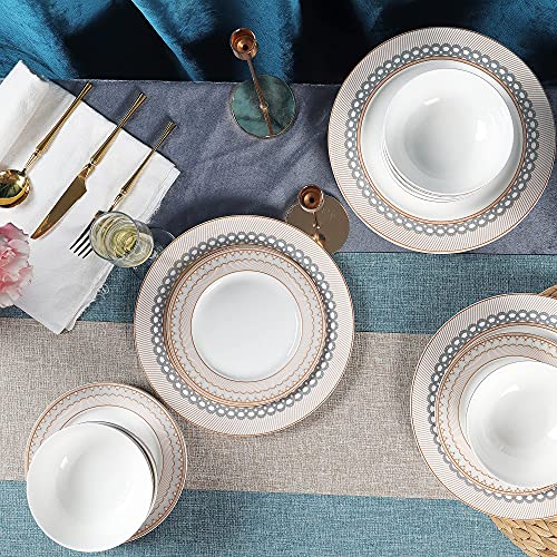 fanquare 18-Piece Stripes Gold Rimmed Dinner Sets,Porcelain Tableware Set,Service for 6,White Dinnerware Sets with Kitchen Plates,Cereal Bowls