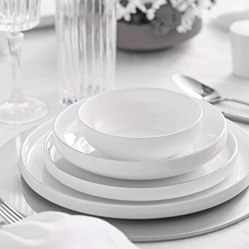 Karaca Streamline Saturn 59 Pieces Dinnerware Set for 12 People,New Bone,Dinner Plates,Pasta Bowls,Salad/Cereal/Soup Bowls,Side Plates,Serving Platters,Porcelain,Crockery Set, White Platinum