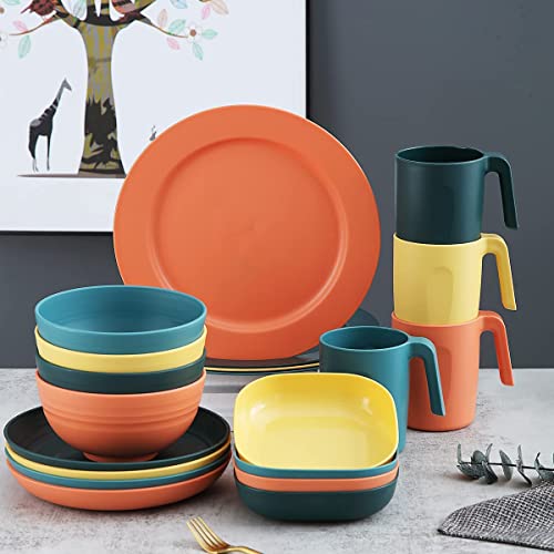 Kyraton Plastic Dinnerware Sets of 20 Pieces, Unbreakable and Reusable Light Weight Plates Mugs Bowls Dishes Easy to Carry and Clean Microwave Safe BPA Free Service for 4 Dishwasher Safe(Mutil Color)