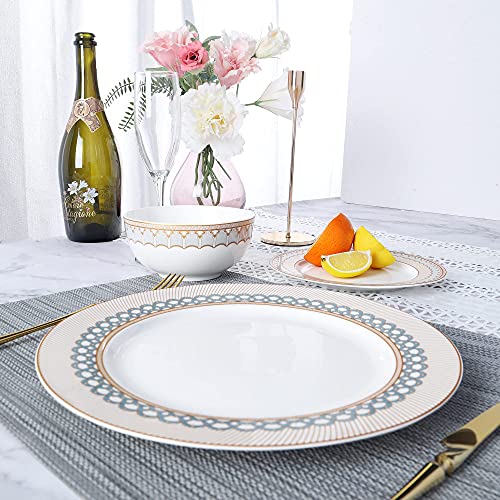 fanquare 18-Piece Stripes Gold Rimmed Dinner Sets,Porcelain Tableware Set,Service for 6,White Dinnerware Sets with Kitchen Plates,Cereal Bowls