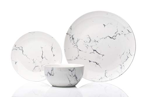 Sabichi Marble 12pc Grey & White Porcelain Dinner Set - Microwave & Dishwasher Safe Plates and Bowls Set - 4 x Dinner Plates, 4 x Side Plates, 4 x Soup Bowls