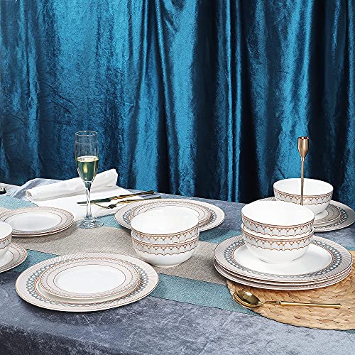 fanquare 18-Piece Stripes Gold Rimmed Dinner Sets,Porcelain Tableware Set,Service for 6,White Dinnerware Sets with Kitchen Plates,Cereal Bowls