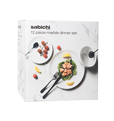Sabichi Marble 12pc Grey & White Porcelain Dinner Set - Microwave & Dishwasher Safe Plates and Bowls Set - 4 x Dinner Plates, 4 x Side Plates, 4 x Soup Bowls