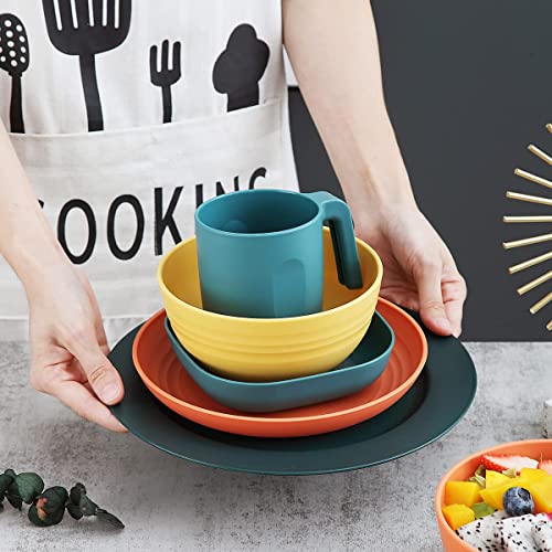 Kyraton Plastic Dinnerware Sets of 20 Pieces, Unbreakable and Reusable Light Weight Plates Mugs Bowls Dishes Easy to Carry and Clean Microwave Safe BPA Free Service for 4 Dishwasher Safe(Mutil Color)