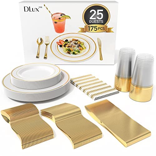 DLux 175 Pieces Gold Plastic Dinnerware Set for 25 Guests, (25 Forks, Knives, Spoons, Cups, Straws, Salad & Dinner Plates) for Wedding and Party, re-usable