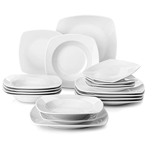 MALACASA, Series Julia, 18-Piece Dinner Sets Ivory White Porcelain Square Dinner Plate Sets with 6-Piece Dessert Plates 6-Piece Soup Plates and 6-Piece Dinner Plates