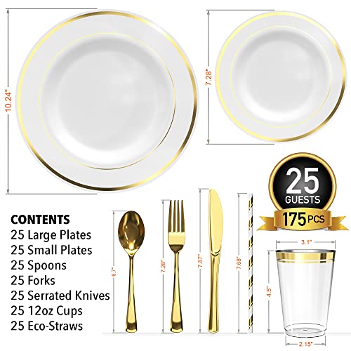 DLux 175 Pieces Gold Plastic Dinnerware Set for 25 Guests, (25 Forks, Knives, Spoons, Cups, Straws, Salad & Dinner Plates) for Wedding and Party, re-usable
