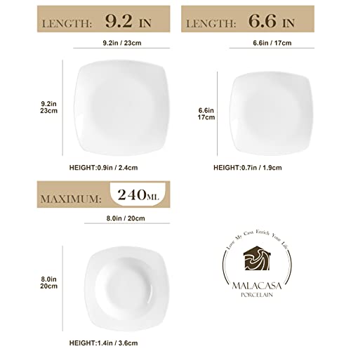 MALACASA, Series Julia, 18-Piece Dinner Sets Ivory White Porcelain Square Dinner Plate Sets with 6-Piece Dessert Plates 6-Piece Soup Plates and 6-Piece Dinner Plates