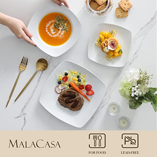 MALACASA, Series Julia, 18-Piece Dinner Sets Ivory White Porcelain Square Dinner Plate Sets with 6-Piece Dessert Plates 6-Piece Soup Plates and 6-Piece Dinner Plates