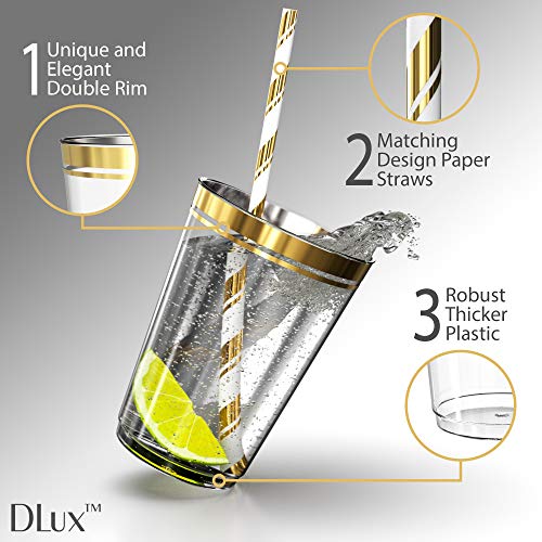 DLux 175 Pieces Gold Plastic Dinnerware Set for 25 Guests, (25 Forks, Knives, Spoons, Cups, Straws, Salad & Dinner Plates) for Wedding and Party, re-usable