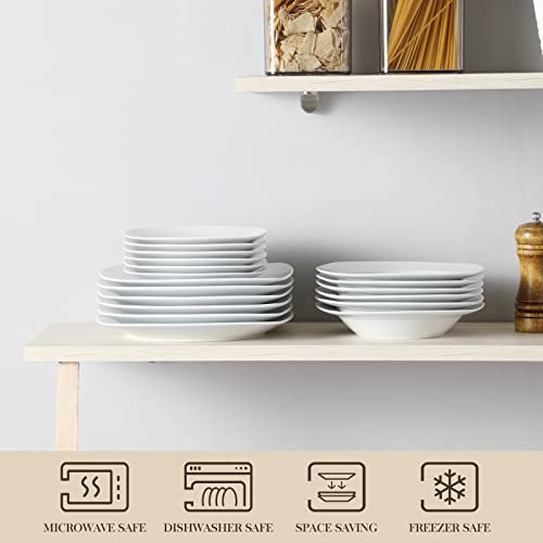 MALACASA, Series Julia, 18-Piece Dinner Sets Ivory White Porcelain Square Dinner Plate Sets with 6-Piece Dessert Plates 6-Piece Soup Plates and 6-Piece Dinner Plates