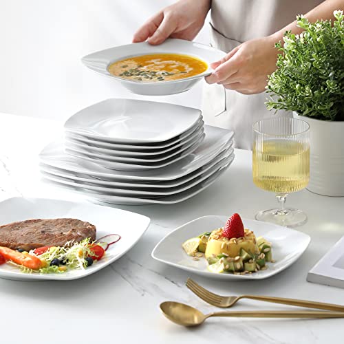 MALACASA, Series Julia, 18-Piece Dinner Sets Ivory White Porcelain Square Dinner Plate Sets with 6-Piece Dessert Plates 6-Piece Soup Plates and 6-Piece Dinner Plates
